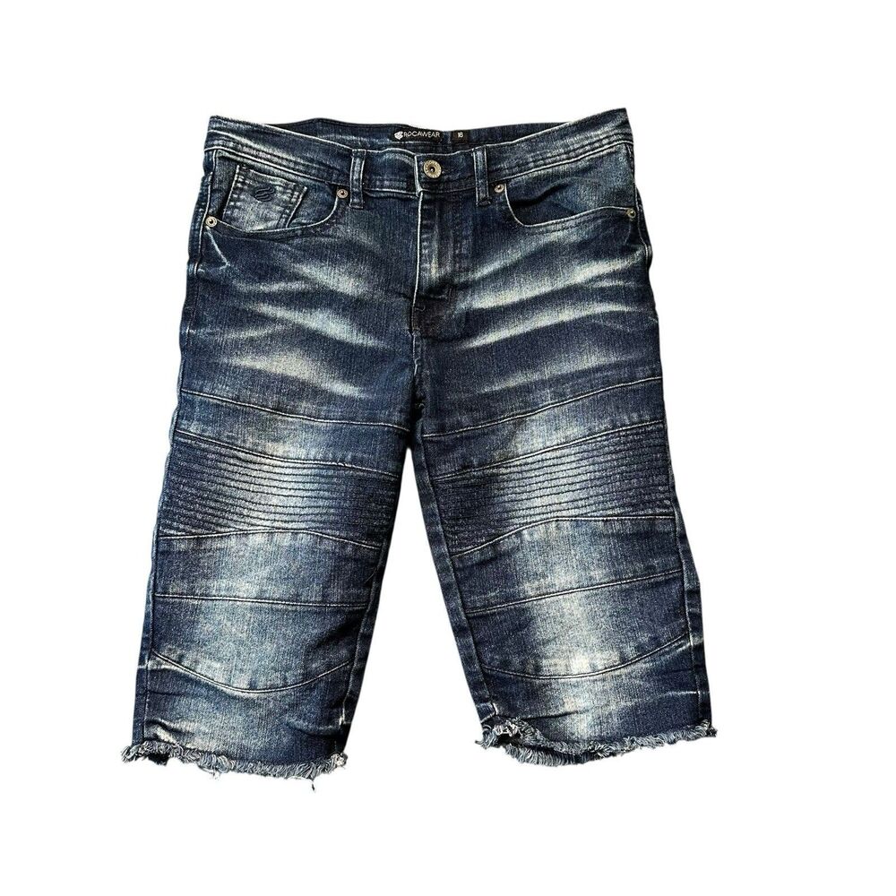 Rocawear Boys 16 Bermuda Shorts Blue Moto Ribbed Fringe Hem Casual EUC